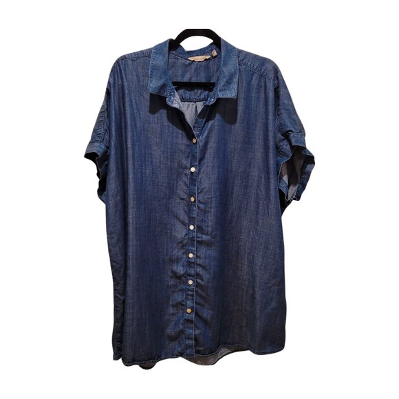 SOFT SURROUNDINGS BLUE CHAMBRAY DENIM DROP SHOULDER COLLARED LONG DRESS LARGE - Picture 1 of 6